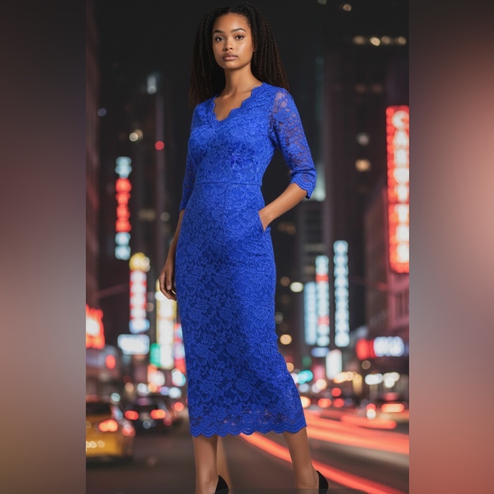 Chic Royal Blue Lace Asymmetrical Dress - Picture 2 of 4
